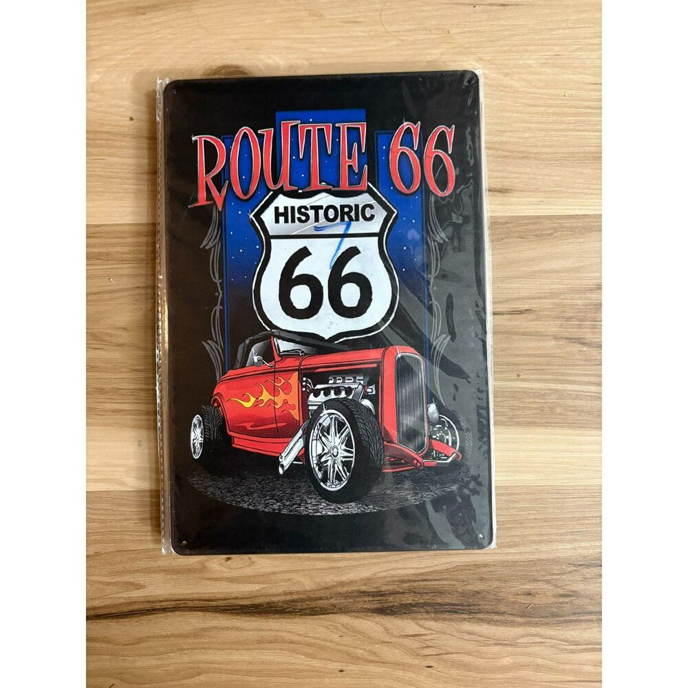Vintage Style Historic Route 66 Hot Rod Coupe Metal Sign – Great Garage Decor!